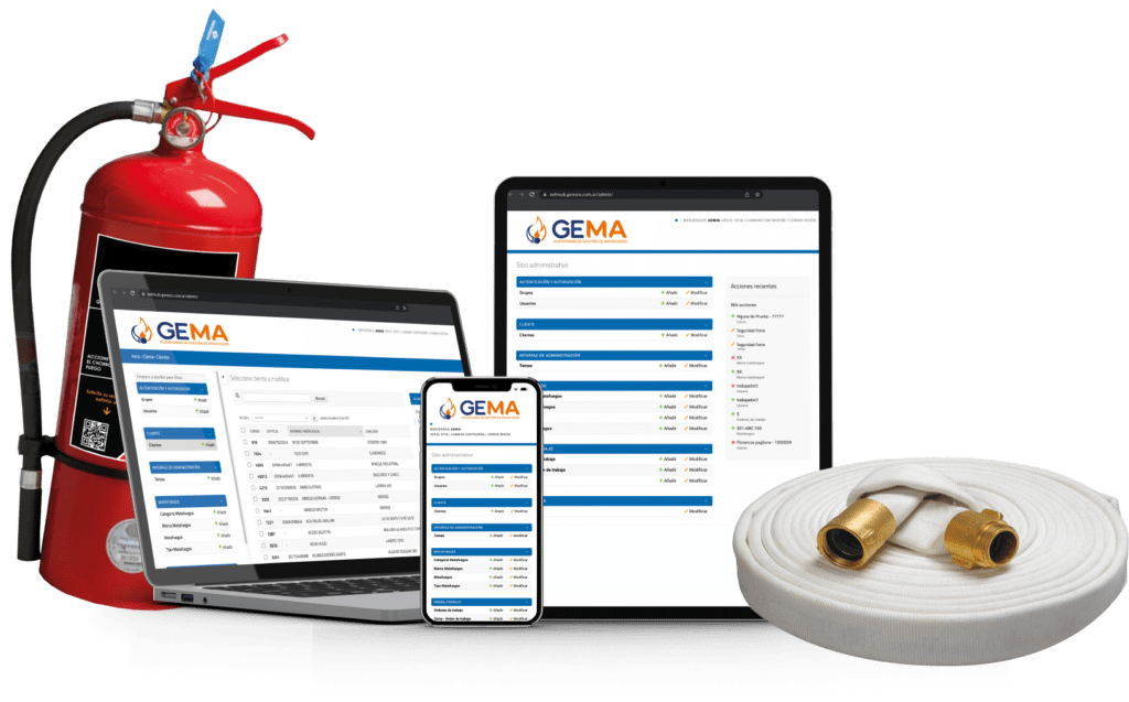 Se visualiza un matafuego detras con todos dispositivos accediendo al Software de Gestión GEMA de la cooperativa de GENEOS